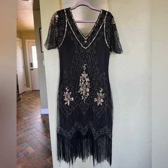 Flapper Style roaring 20’s Babeyond Black and Gold Beaded Dress with fringe XXL - Picture 5 of 8